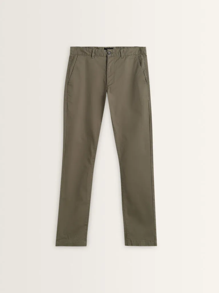 WES Casuals Olive Cotton Blend Slim Fit Mid Rise Chinos