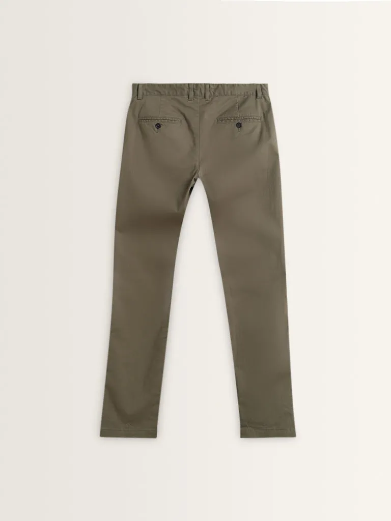 WES Casuals Olive Cotton Blend Slim Fit Mid Rise Chinos