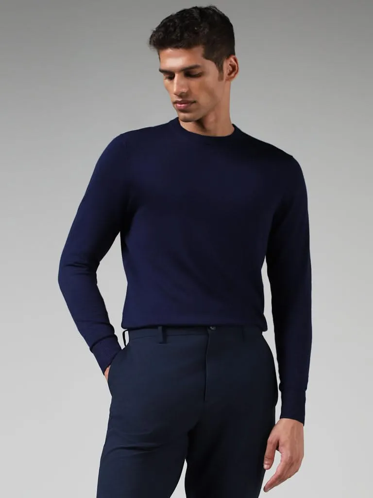 WES Formals Solid Indigo Slim-Fit Sweater