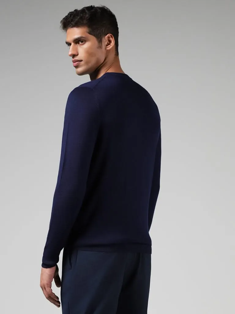 WES Formals Solid Indigo Slim-Fit Sweater