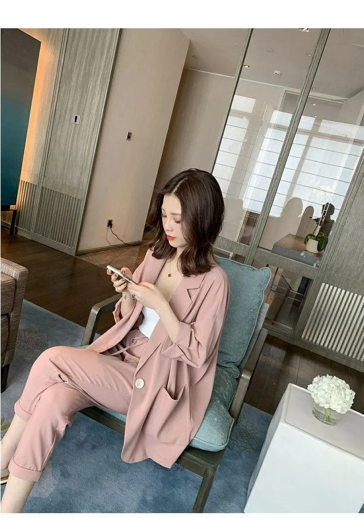 Wjczt Korean Style New Pink Elegant Women's Pants Suit Fashion Loose Jacket Trousers Two-piece Set Female Office Blazer Tracksuit