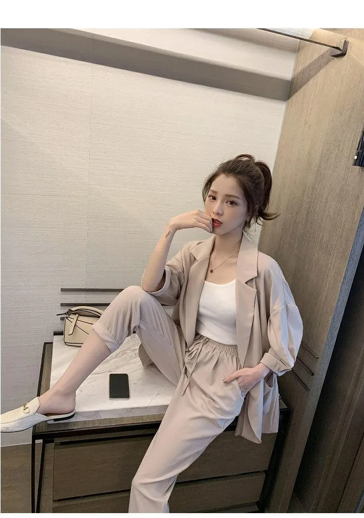 Wjczt Korean Style New Pink Elegant Women's Pants Suit Fashion Loose Jacket Trousers Two-piece Set Female Office Blazer Tracksuit