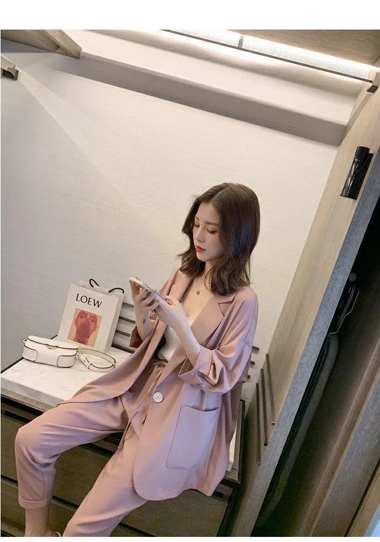 Wjczt Korean Style New Pink Elegant Women's Pants Suit Fashion Loose Jacket Trousers Two-piece Set Female Office Blazer Tracksuit