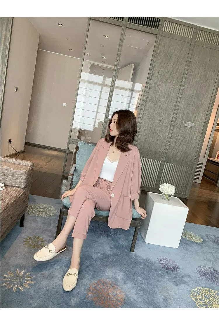 Wjczt Korean Style New Pink Elegant Women's Pants Suit Fashion Loose Jacket Trousers Two-piece Set Female Office Blazer Tracksuit