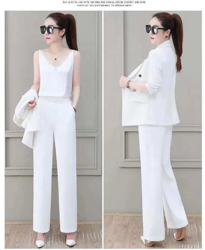 Wjczt Summer Korean Style Elegant Women's Pants Suit Fashion Slim Jacket Trousers Two-piece Set Office Blazer Temperament Tracksuit