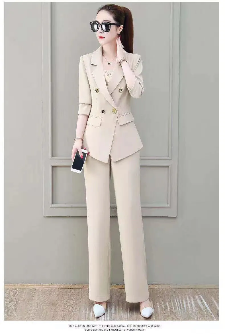 Wjczt Summer Korean Style Elegant Women's Pants Suit Fashion Slim Jacket Trousers Two-piece Set Office Blazer Temperament Tracksuit