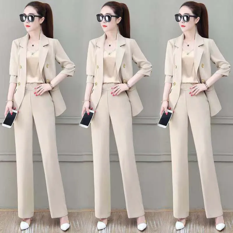 Wjczt Summer Korean Style Elegant Women's Pants Suit Fashion Slim Jacket Trousers Two-piece Set Office Blazer Temperament Tracksuit