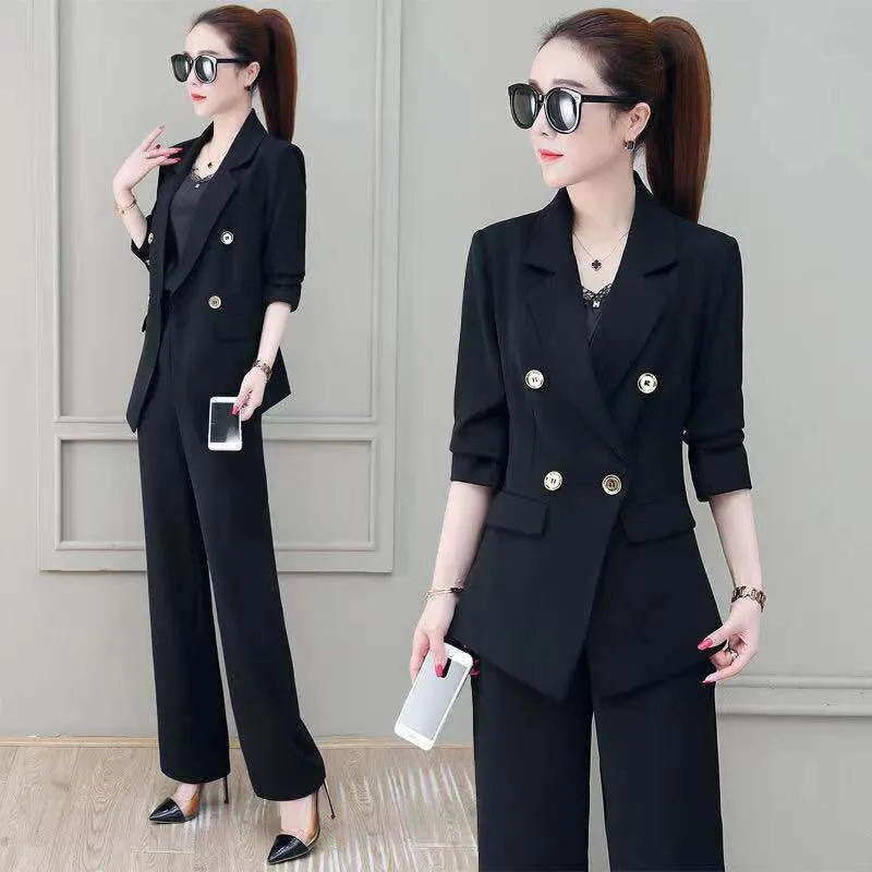 Wjczt Summer Korean Style Elegant Women's Pants Suit Fashion Slim Jacket Trousers Two-piece Set Office Blazer Temperament Tracksuit