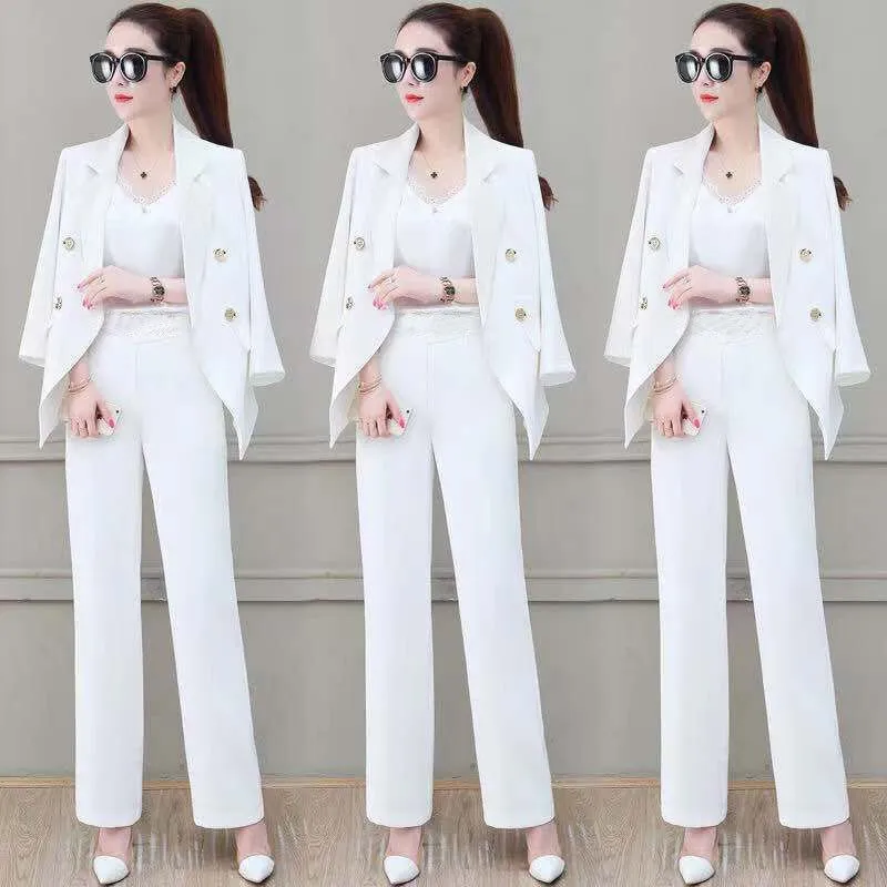 Wjczt Summer Korean Style Elegant Women's Pants Suit Fashion Slim Jacket Trousers Two-piece Set Office Blazer Temperament Tracksuit