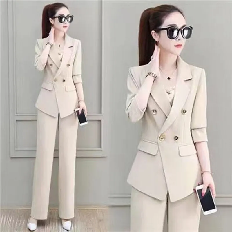 Wjczt Summer Korean Style Elegant Women's Pants Suit Fashion Slim Jacket Trousers Two-piece Set Office Blazer Temperament Tracksuit