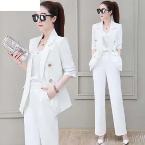 Wjczt Summer Korean Style Elegant Women's Pants Suit Fashion Slim Jacket Trousers Two-piece Set Office Blazer Temperament Tracksuit