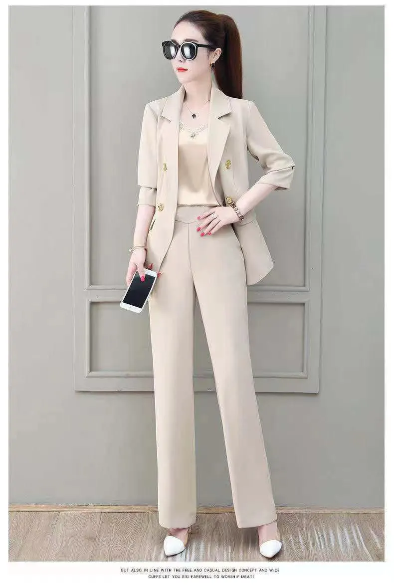 Wjczt Summer Korean Style Elegant Women's Pants Suit Fashion Slim Jacket Trousers Two-piece Set Office Blazer Temperament Tracksuit