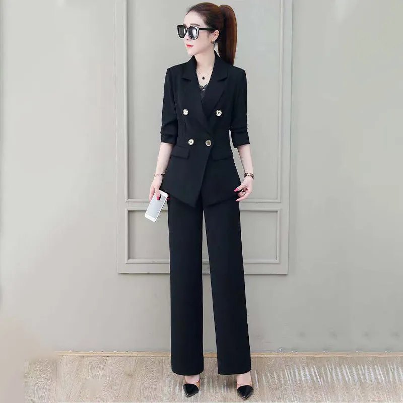 Wjczt Summer Korean Style Elegant Women's Pants Suit Fashion Slim Jacket Trousers Two-piece Set Office Blazer Temperament Tracksuit