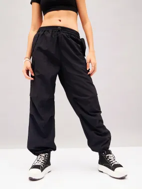 Women Black Pleated Knee Cargo Parachute Pants