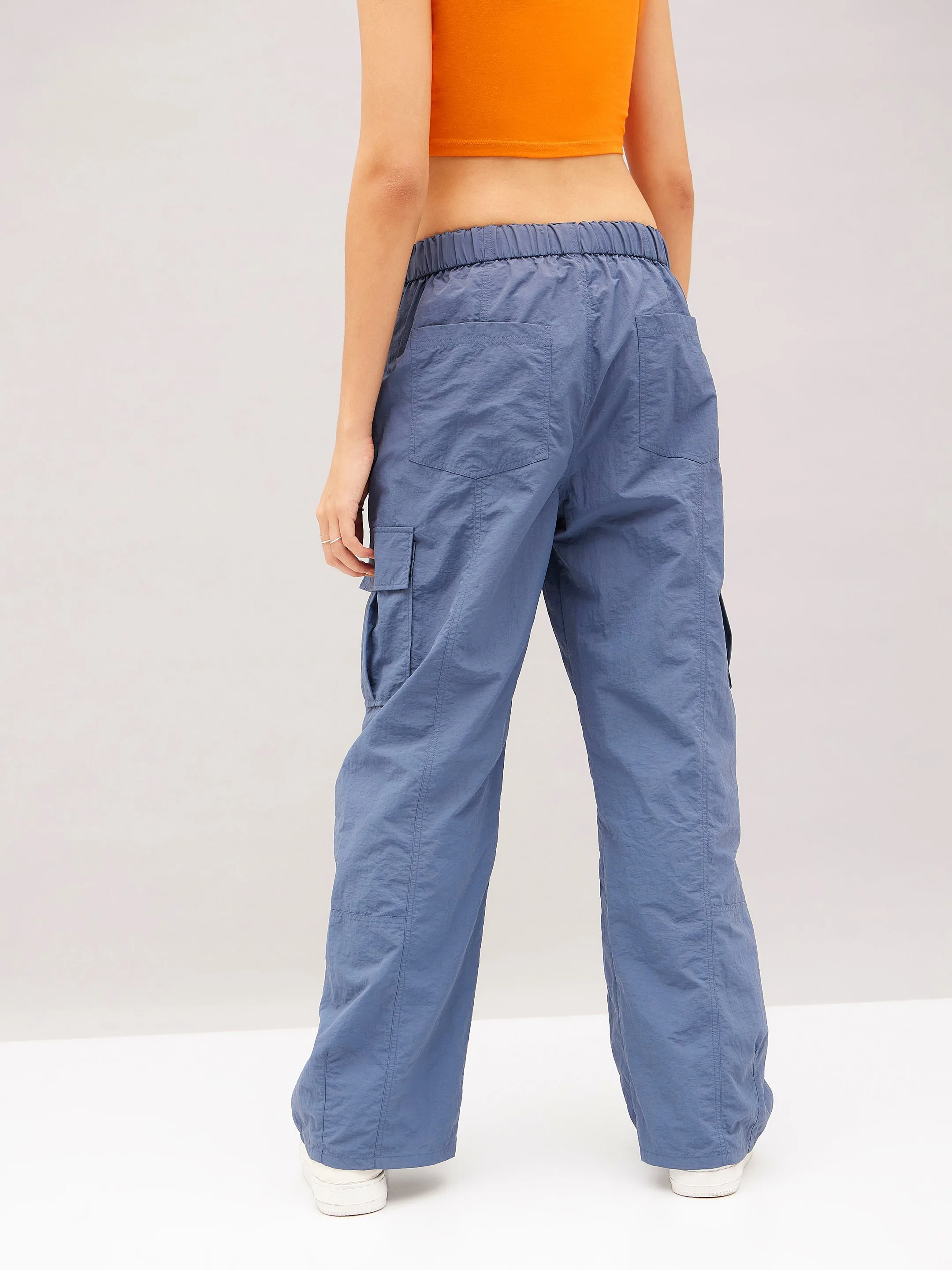 Women Blue Flap Pocket Cargo Parachute Pants