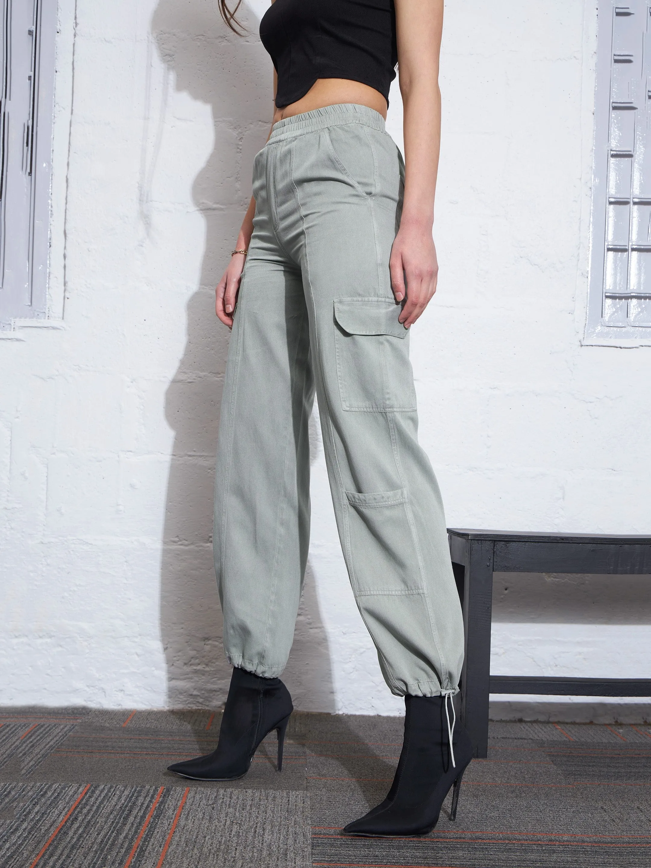 Women Green Twill Multi Pocket Jogger Cargos