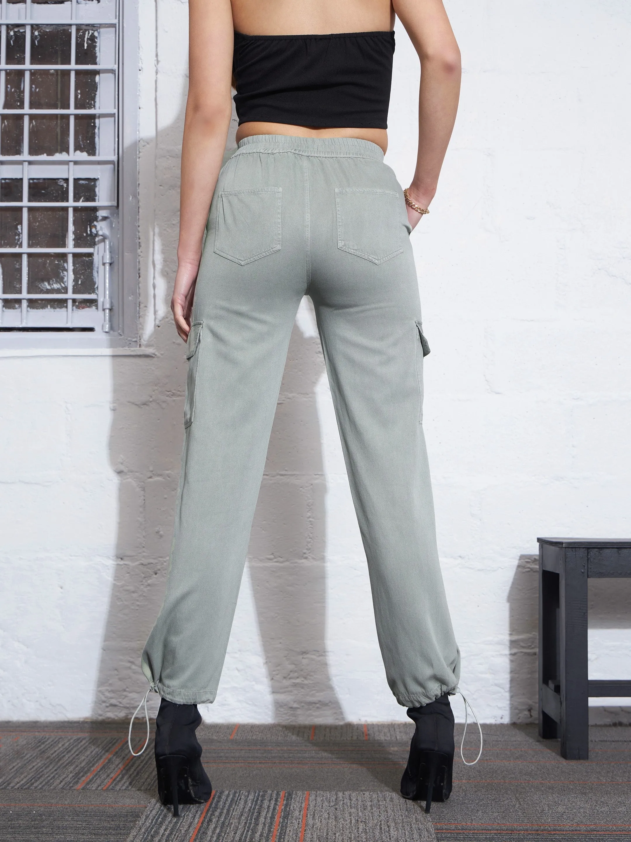 Women Green Twill Multi Pocket Jogger Cargos