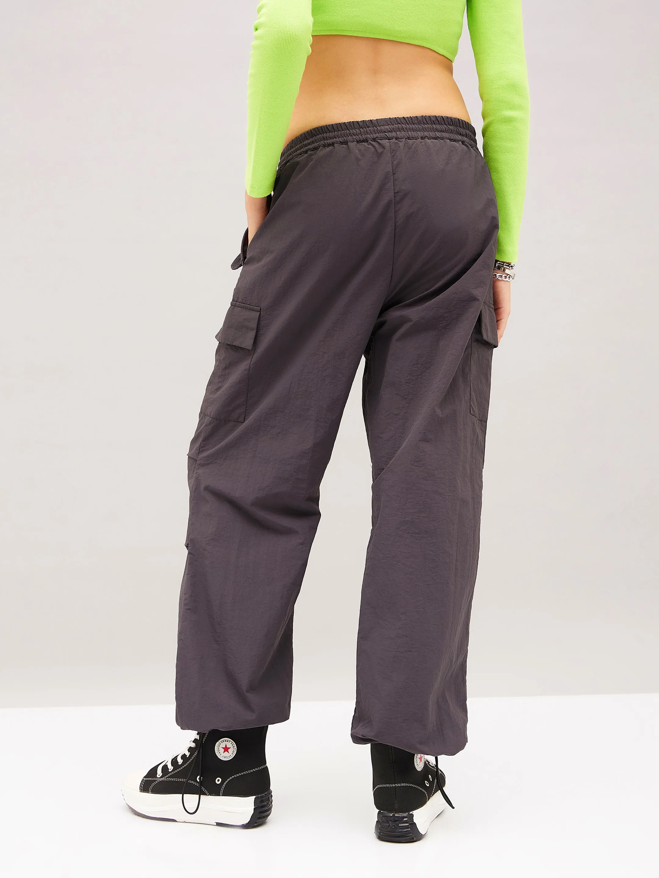 Women Grey Pleated Knee Cargo Parachute Pants