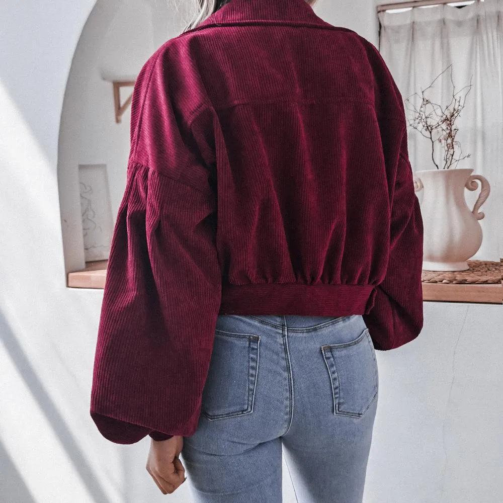 Women Long Sleeves Corduroy Casual Short Overcoat