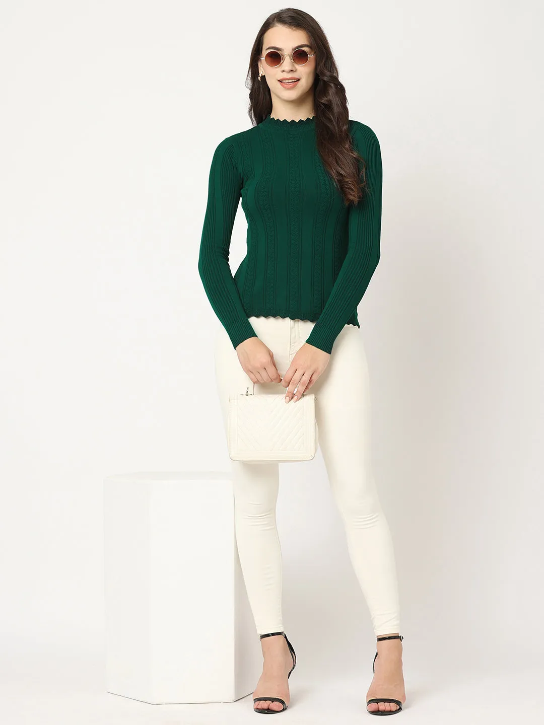 Women Slim Fit Emerald Green Ribbed Sweater