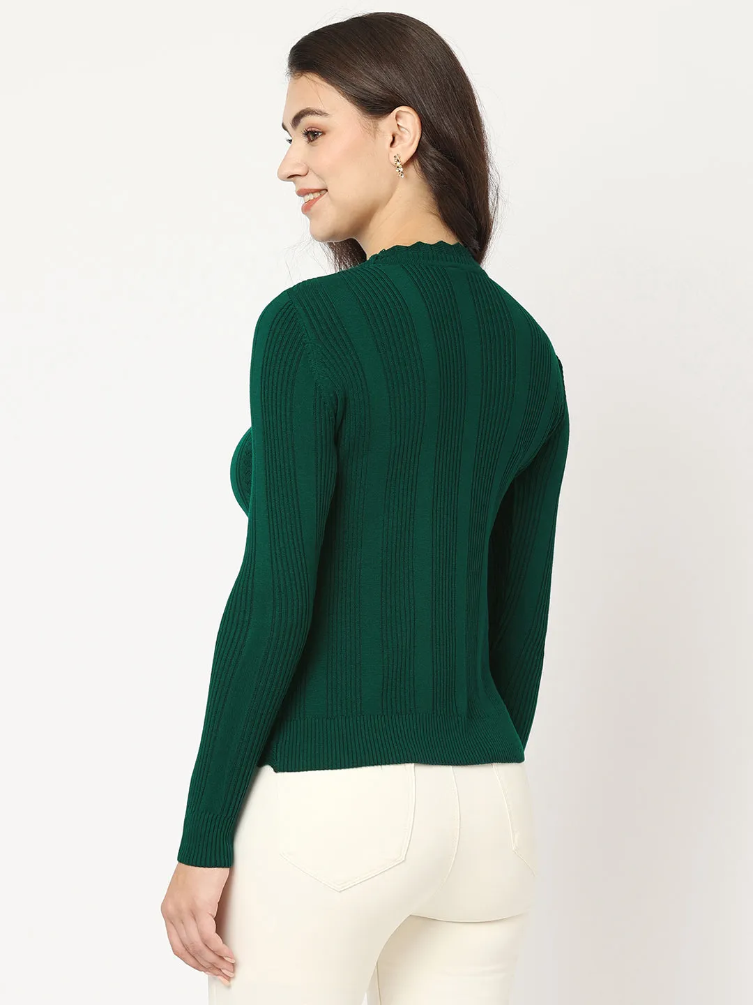 Women Slim Fit Emerald Green Ribbed Sweater