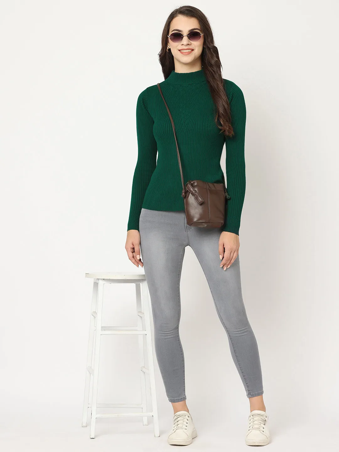 Women Slim Fit Emerald Green Solid Sweater