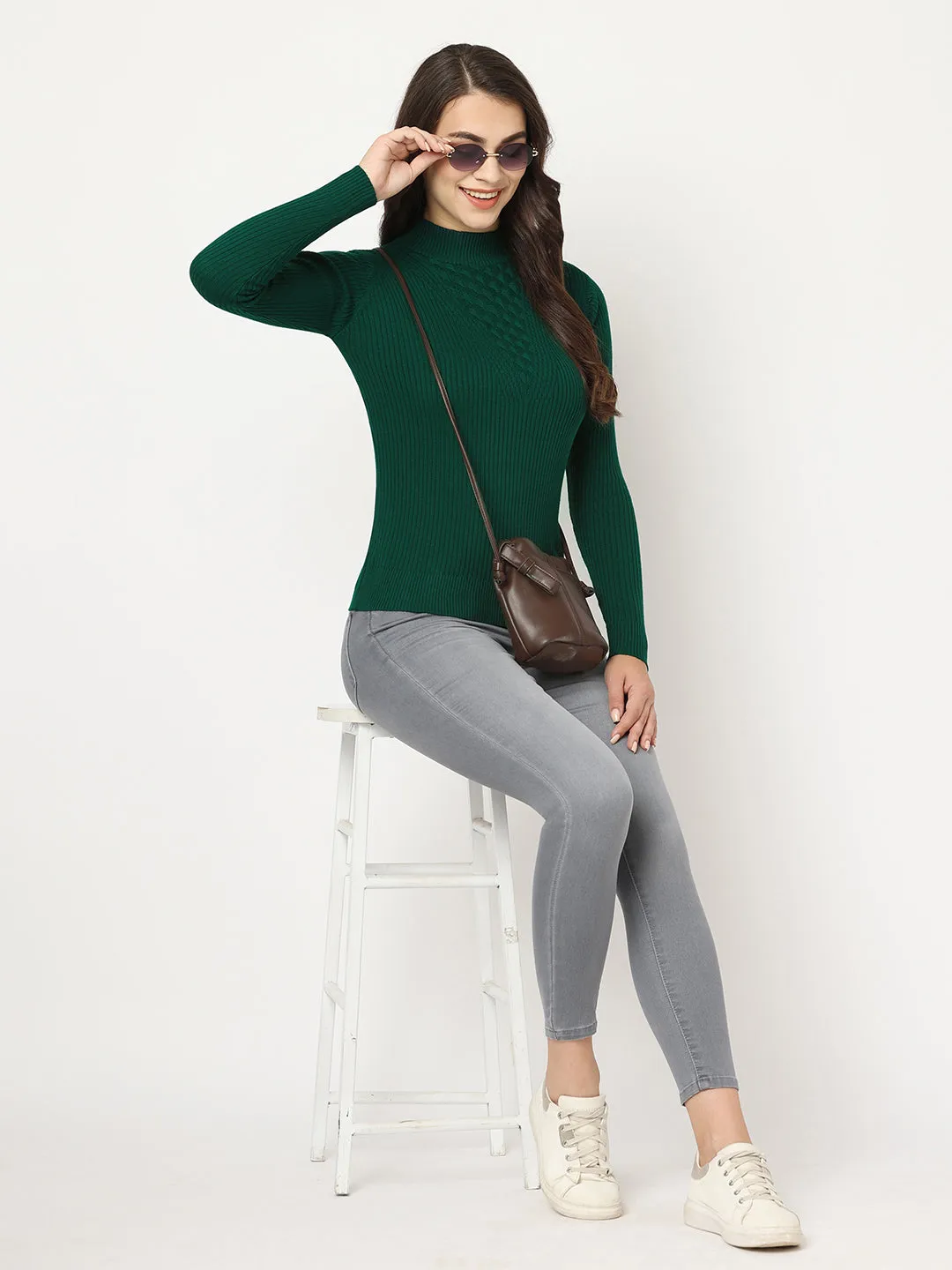 Women Slim Fit Emerald Green Solid Sweater