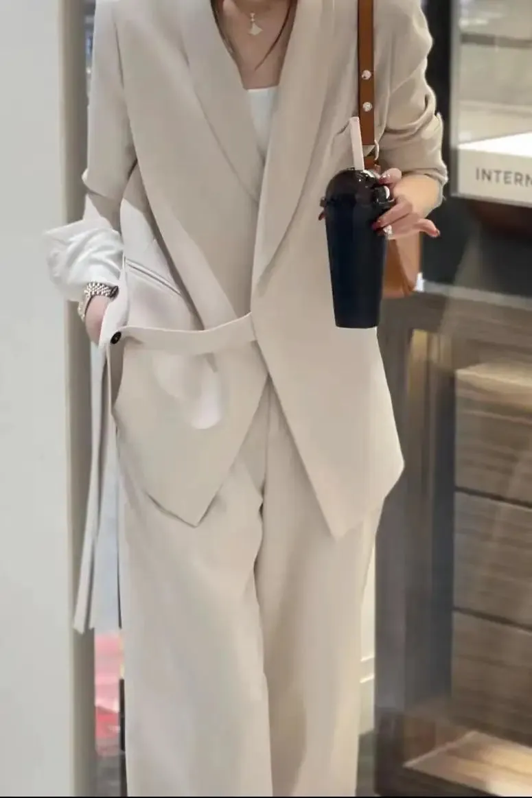 Women Suits Office Sets Pockets Coat Wide Leg Pants New Spring Autumn Office Wear Women Fashion Elegance Lady Blazer Sets