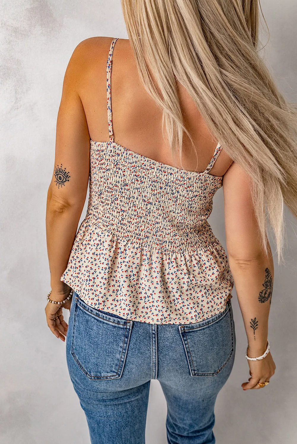 Women's Floral Print Smocked Camisole Flounce Beach Casual Summer Blouse Shirts