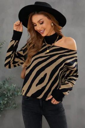 Women's Zebra Print Mock Neck Cold Shoulder Sweater