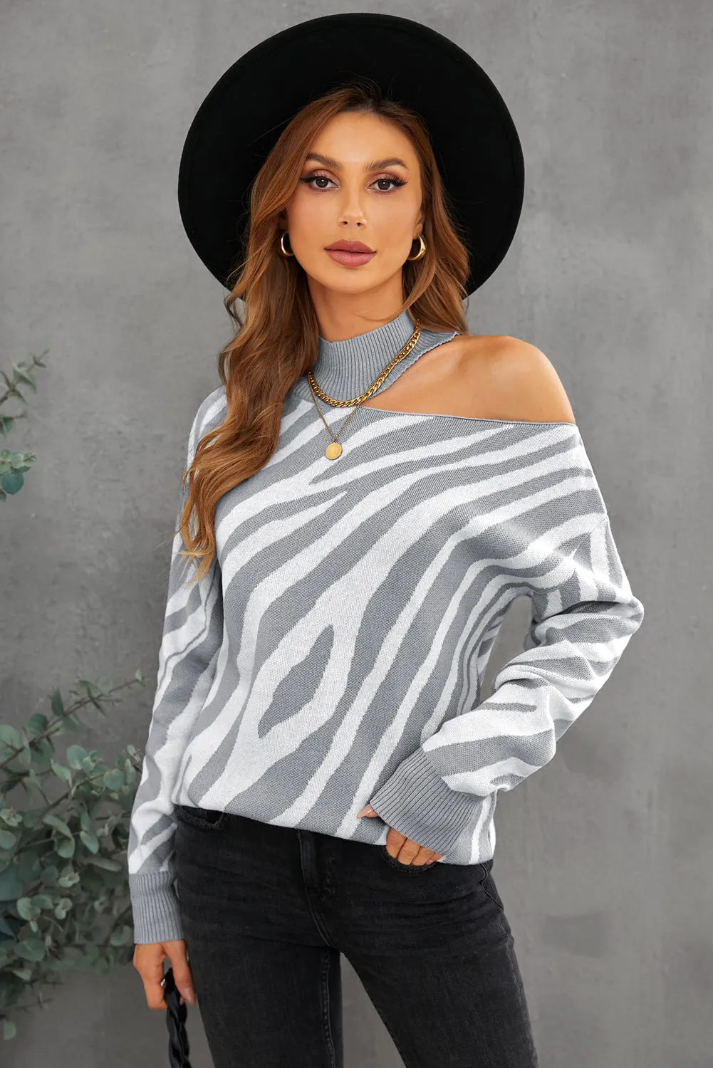 Women's Zebra Print Mock Neck Cold Shoulder Sweater